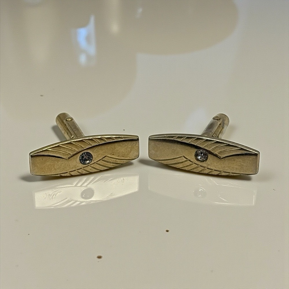 Vintage‎ Gold Tone Cufflinks MCM Clear Rhinestone Geometric Long Bar Design